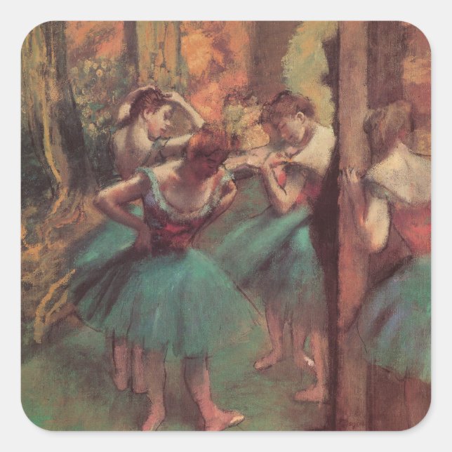 Pegatina Cuadrada Bailarinas, Rosa y Verde de Edgar Degas (Anverso)