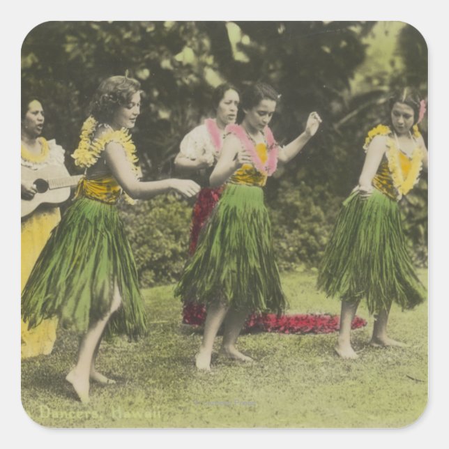 Pegatina Cuadrada Bailarines Hawaii Hula en color Hawaii (Anverso)