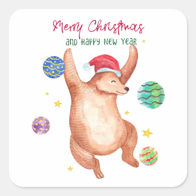 Pegatina Cuadrada Baile De Oso De Acuarela Con Navidades De Ornament (Anverso)