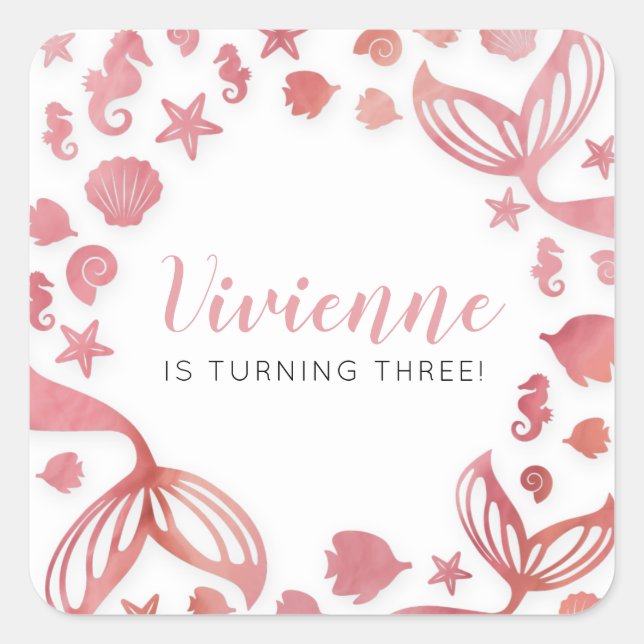 Pegatina Cuadrada Bajo el cumpleaños de la sirena marina (Anverso)