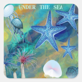 Pegatina Cuadrada Bajo el mar Anemones Starfish Jellyfish Blue Kid