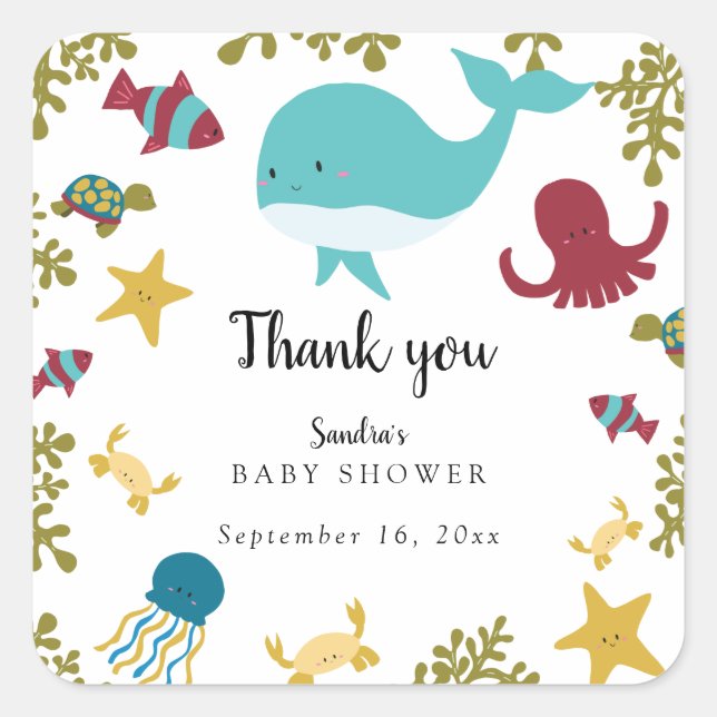 Pegatina Cuadrada Bajo el mar Baby Shower Cute Kawaii Gracias S