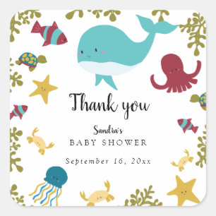 Pegatina Cuadrada Bajo el mar Baby Shower Cute Kawaii Gracias S