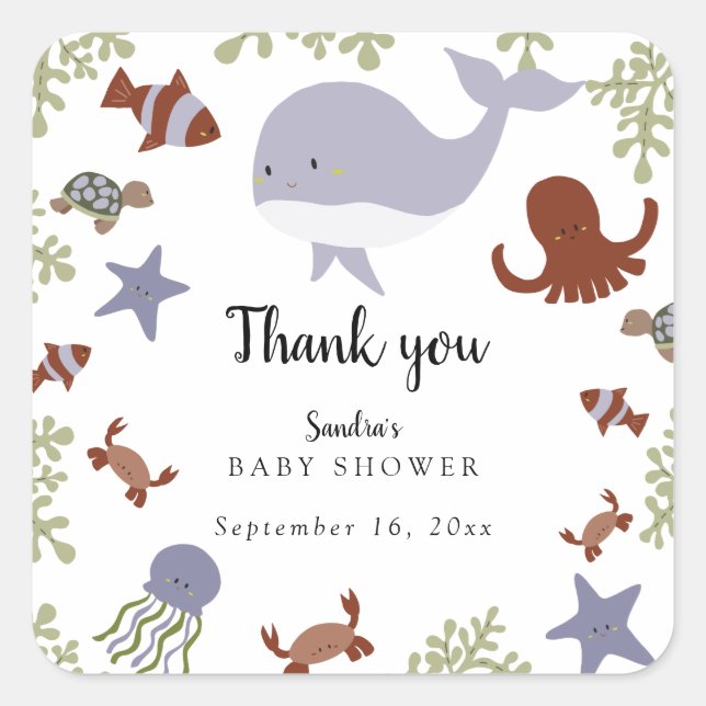 Pegatina Cuadrada Bajo el mar Baby Shower cute Personalizado Kawaii (Anverso)