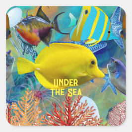 Pegatina Cuadrada Bajo el Mar Corales Pescado Agua Azul Vida Marina