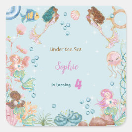 Pegatina Cuadrada Bajo el mar cumpleaños de las Sirenas