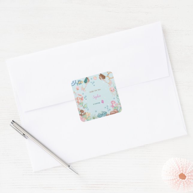 Pegatina Cuadrada Bajo el mar cumpleaños de las Sirenas (Sobre)