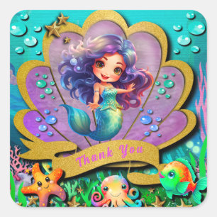 Pegatina Cuadrada Bajo El Mar & Cumpleaños De Niña Sirena Fiesta