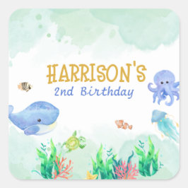 Pegatina Cuadrada Bajo el mar Nautical Whale Turtle Birthday