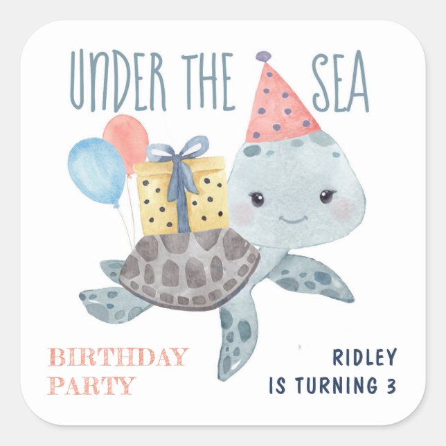 Pegatina Cuadrada Bajo el mar Tortuga Niños Playa Cumpleaños (Anverso)