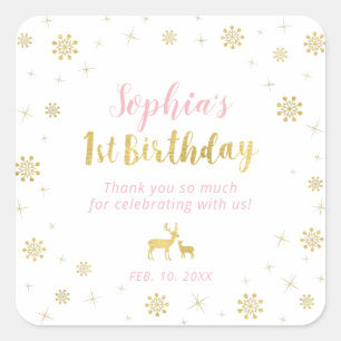 Pegatina Cuadrada Bajo invierno, Oro personalizado, Cumpleaños rosa 