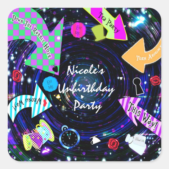 Pegatina Cuadrada Bajo la madriguera del conejo Fiesta de Alicia en  (Anverso)