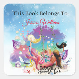 Pegatina Cuadrada Bajo la Sirena Mar Océano Púrpura Turquesa