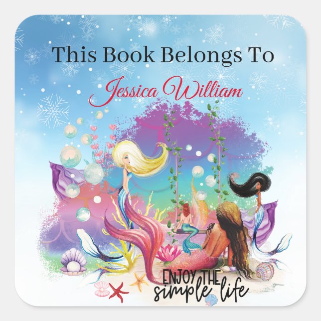 Pegatina Cuadrada Bajo la Sirena Mar Océano Púrpura Turquesa (Anverso)