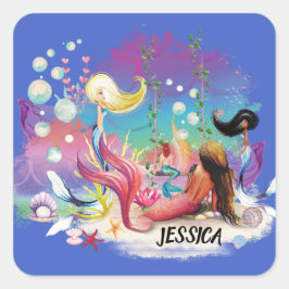 Pegatina Cuadrada Bajo la Sirena Mar Océano Púrpura Turquesa