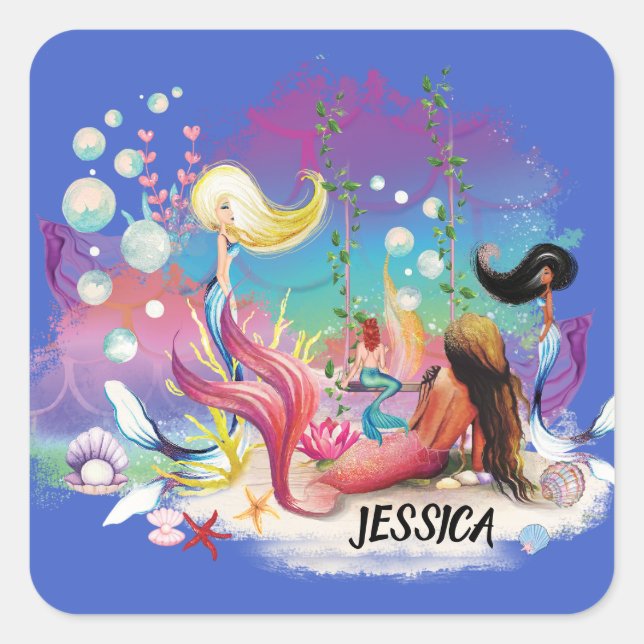 Pegatina Cuadrada Bajo la Sirena Mar Océano Púrpura Turquesa (Anverso)