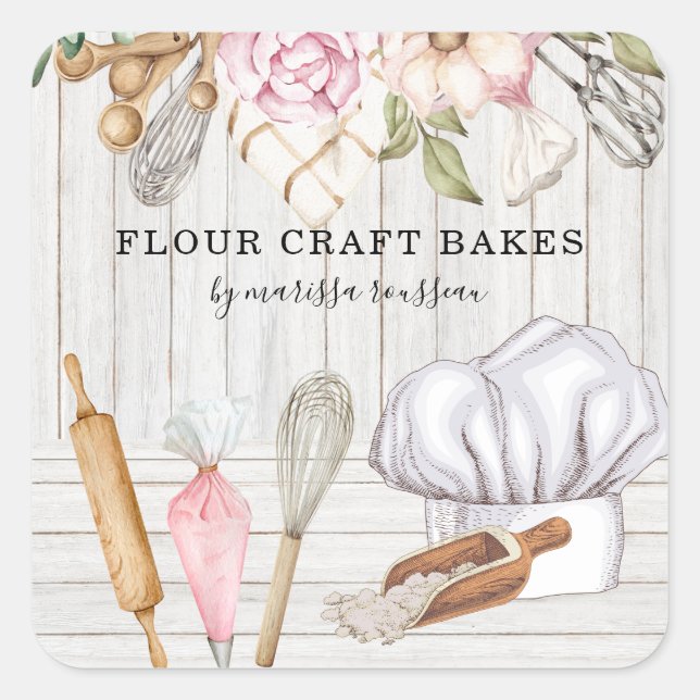 Pegatina Cuadrada Baker Pastry Chef Watercolorear Herramientas (Anverso)