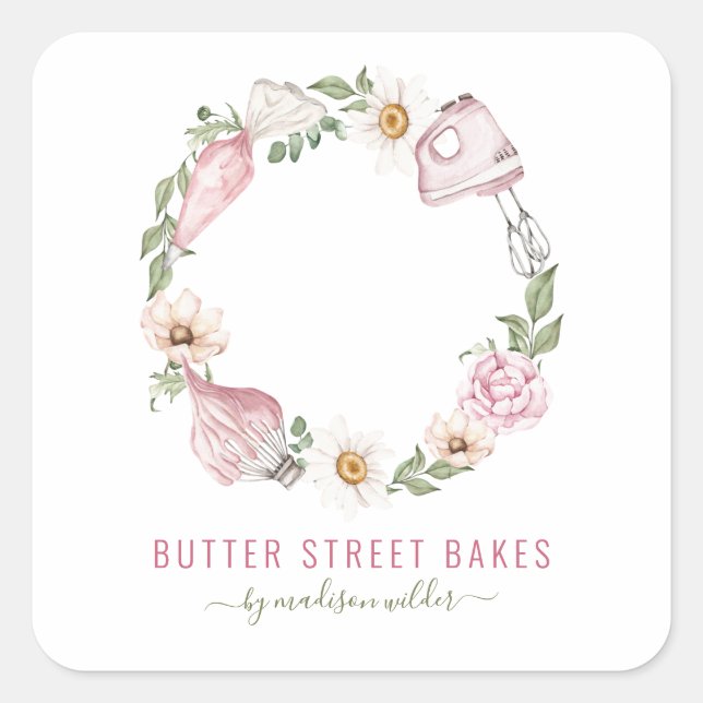 Pegatina Cuadrada Baker Pastry Watercolor Baking Utensil Floral (Anverso)