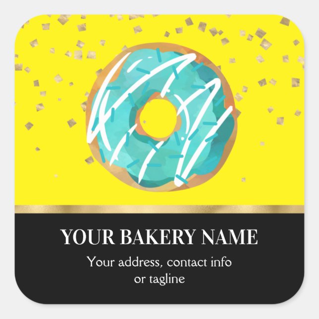 Pegatina Cuadrada Bakery Business Donut Blue Yellow Confetti (Anverso)