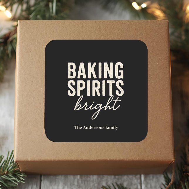 Pegatina Cuadrada Baking Spirits Bright | Moderno Negro Navidad  (Subido por el creador)