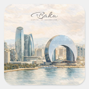 Pegatina Cuadrada Baku Azerbaiyán Capital Acuarela Regalo de Viaje