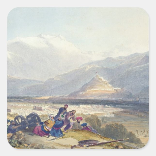 Pegatina Cuadrada Bala Hissar y la ciudad de Kabul con el Can Britán (Anverso)