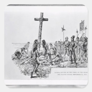 Pegatina Cuadrada Balboa colocando la cruz en la costa