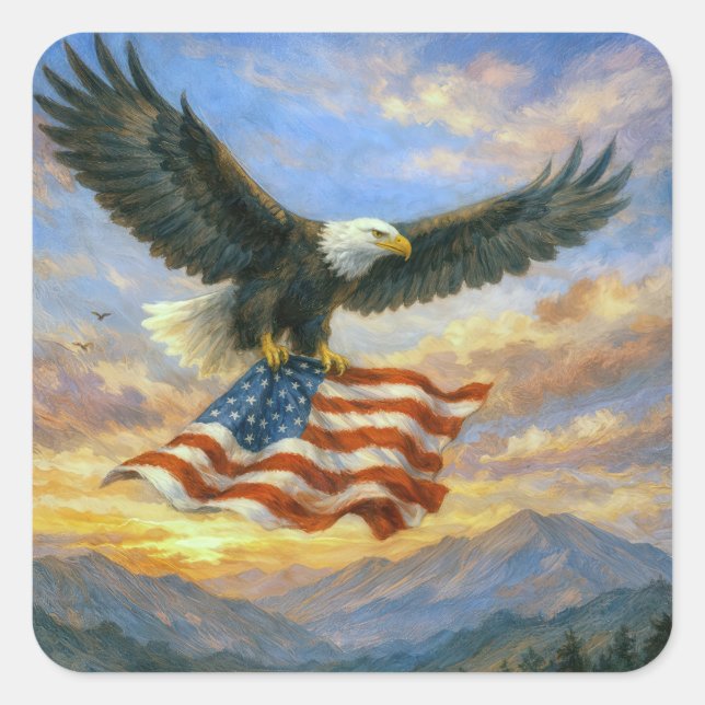 Pegatina Cuadrada Bald Eagle Flying With American Flag (Anverso)