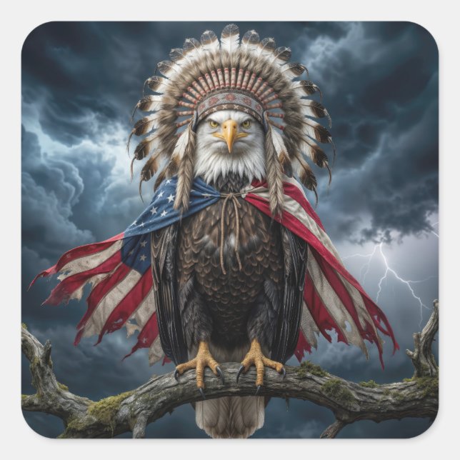 Pegatina Cuadrada Bald Eagle With American Flag Cape and Headdress (Anverso)