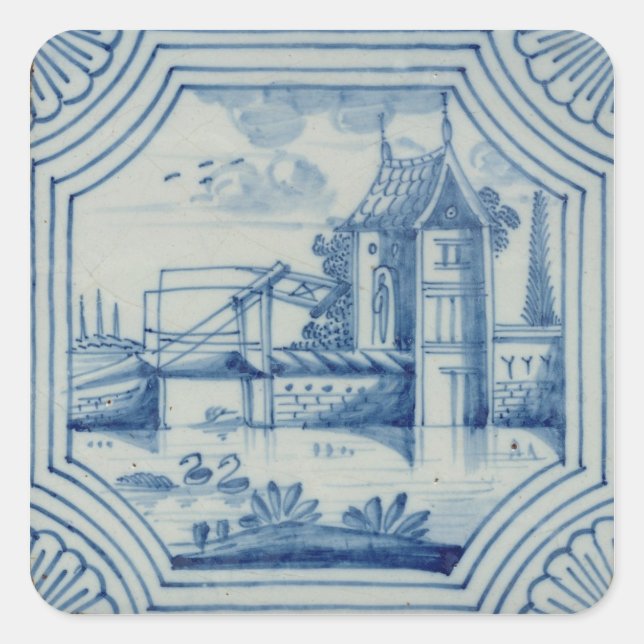 Pegatina Cuadrada Baldosa delgada que muestra un puente levadizo sob (Anverso)