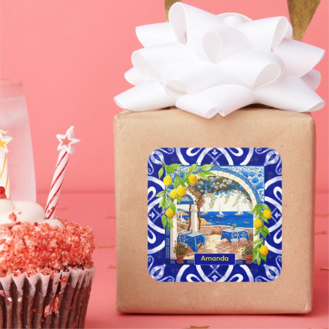 Pegatina Cuadrada Baldosas azules de los cítricos de la majólica med (Fiesta)