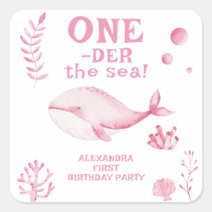Pegatina Cuadrada Ballena Rosa Oneder El Mar 1er Cumpleaños 