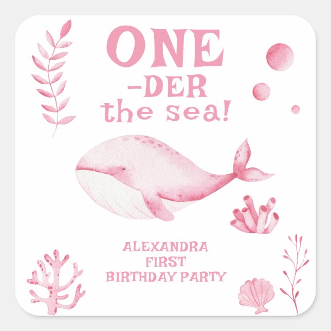 Pegatina Cuadrada Ballena Rosa Oneder El Mar 1er Cumpleaños  (Anverso)