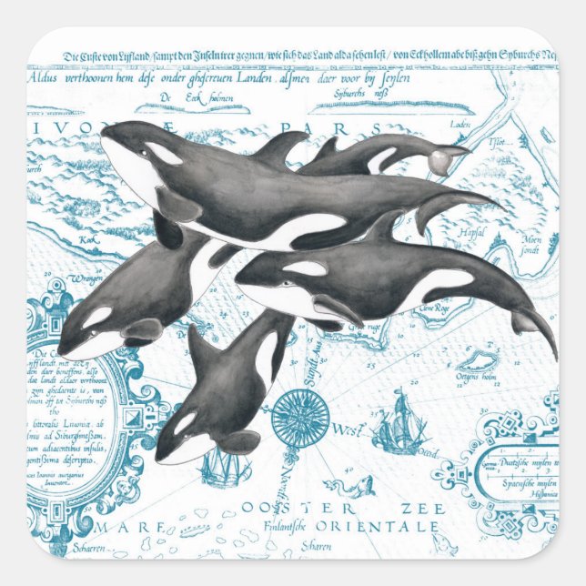 Pegatina Cuadrada Ballenas de orca azul antiguo (Anverso)