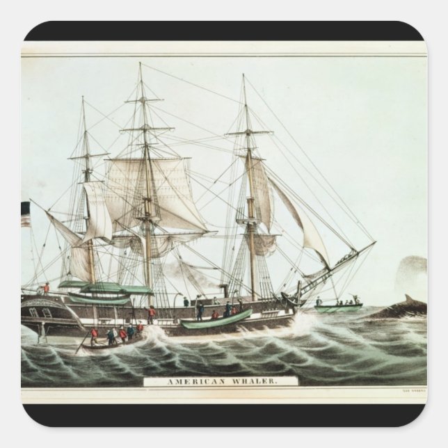 Pegatina Cuadrada Ballenera Americana, grabada por Nathaniel Currier (Anverso)