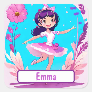 Pegatina Cuadrada Ballerina Cuta Con Nombre De Personalizable