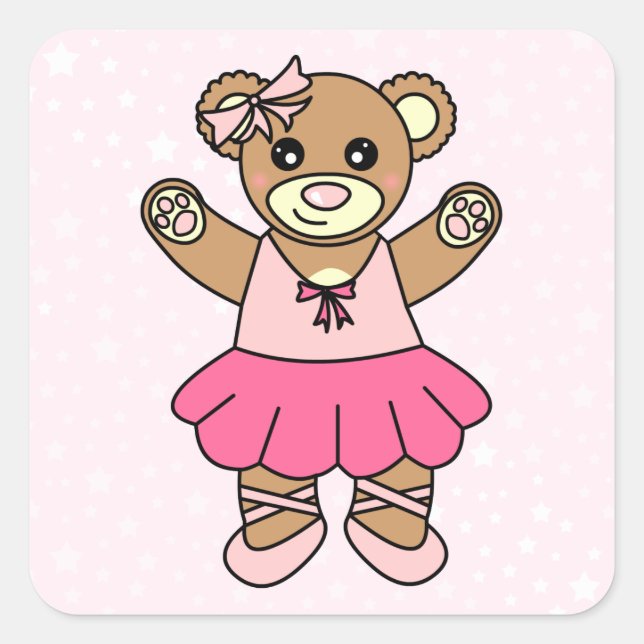 Pegatina Cuadrada Ballerina Cute Dancing Teddy Bear - Rosa (Anverso)