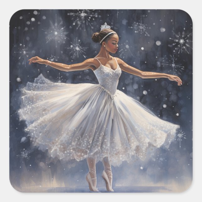 Pegatina Cuadrada Ballerina negra en Tutu con copo de nieve (Anverso)