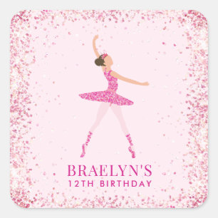 Pegatina Cuadrada Ballerina Purpurina Confetti Birthday Design