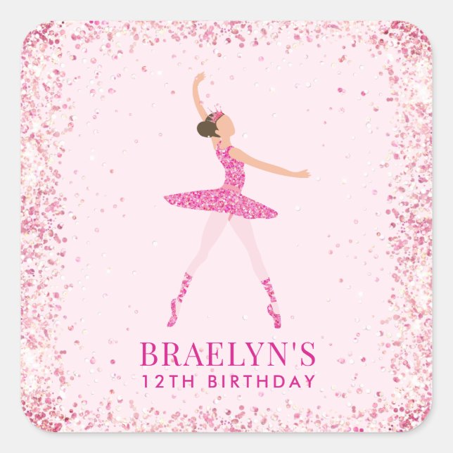 Pegatina Cuadrada Ballerina Purpurina Confetti Birthday Design (Anverso)