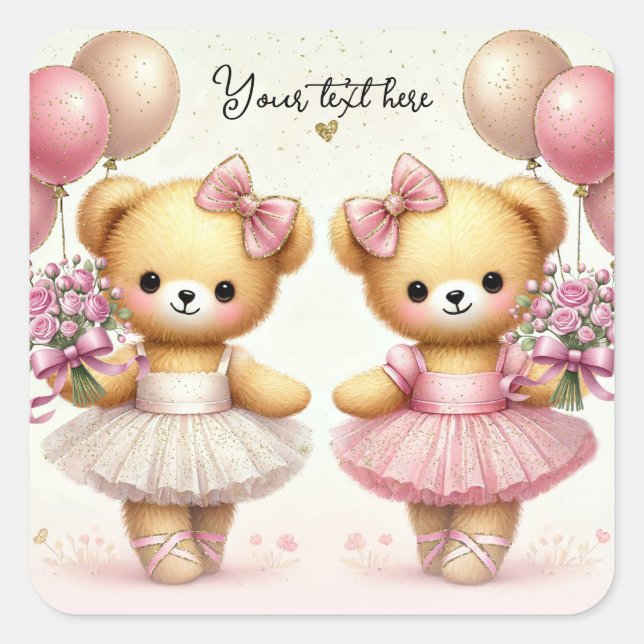 Pegatina Cuadrada Ballerina Twinkle Toes Twin Bears Birday Party (Anverso)