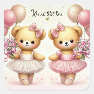 Pegatina Cuadrada Ballerina Twinkle Toes Twin Bears Birday Party