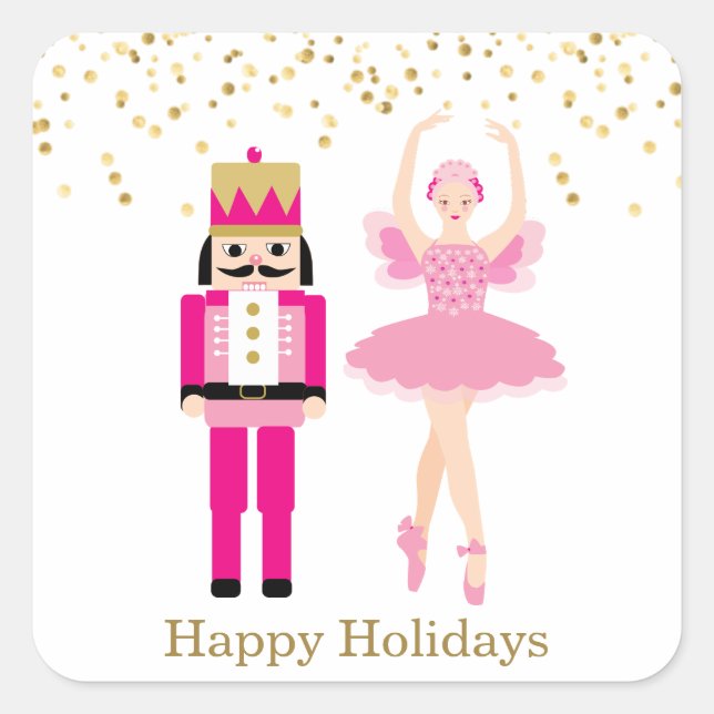 Pegatina Cuadrada Ballerina y Nutcracker, confeti dorado, Navidades (Anverso)