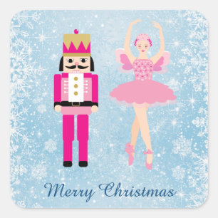 Pegatina Cuadrada Ballerina y Nutcracker en Navidades azules