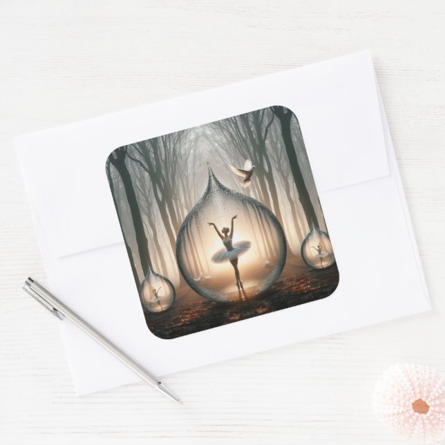 Pegatina Cuadrada Ballerinas bailando en gotas de agua en el bosque (Sobre)