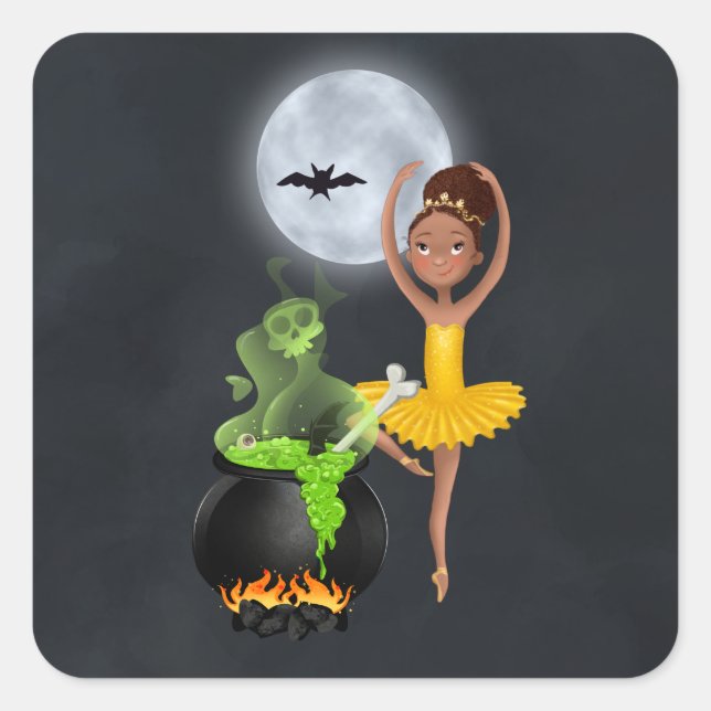 Pegatina Cuadrada Ballet Ballerina y Cauldron Halloween Luna llena (Anverso)