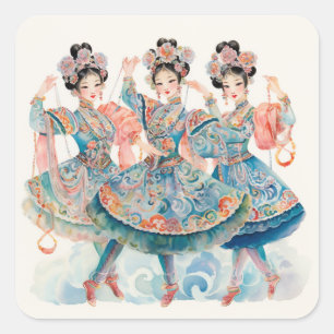 Pegatina Cuadrada Ballet El Cascanueces, Bailarines Chinos