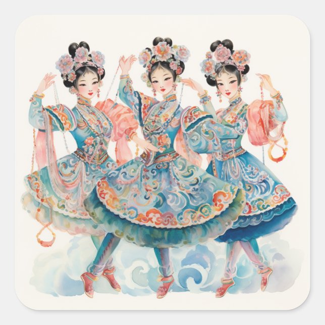 Pegatina Cuadrada Ballet El Cascanueces, Bailarines Chinos (Anverso)
