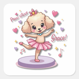 Pegatina Cuadrada Ballet Kawaii Poodle con un glotón
