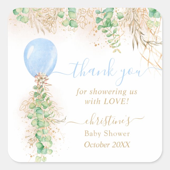 Pegatina Cuadrada Balloon Watercolor Floral Baby Shower Gracias (Anverso)